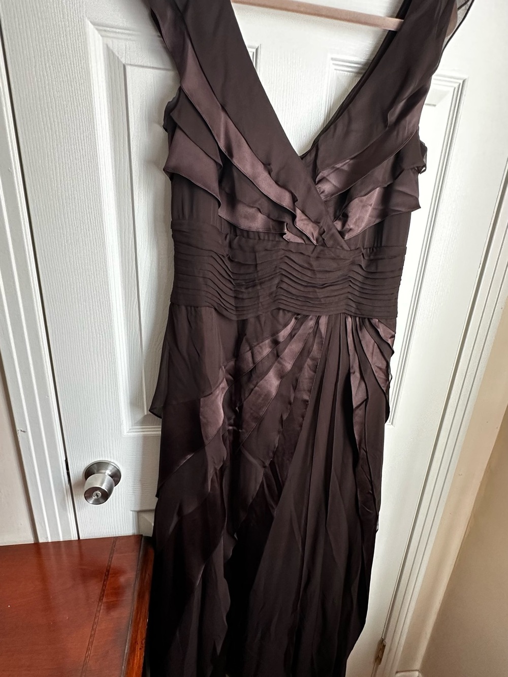 Tadashi Shoji Chocolate Brown Satin-Trim V-Neck Evening Gown